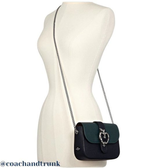 COACH Leather Gemma Deep Blue Forest Green Sparkling Crystals Apple Buckle NWT - Picture 7 of 15